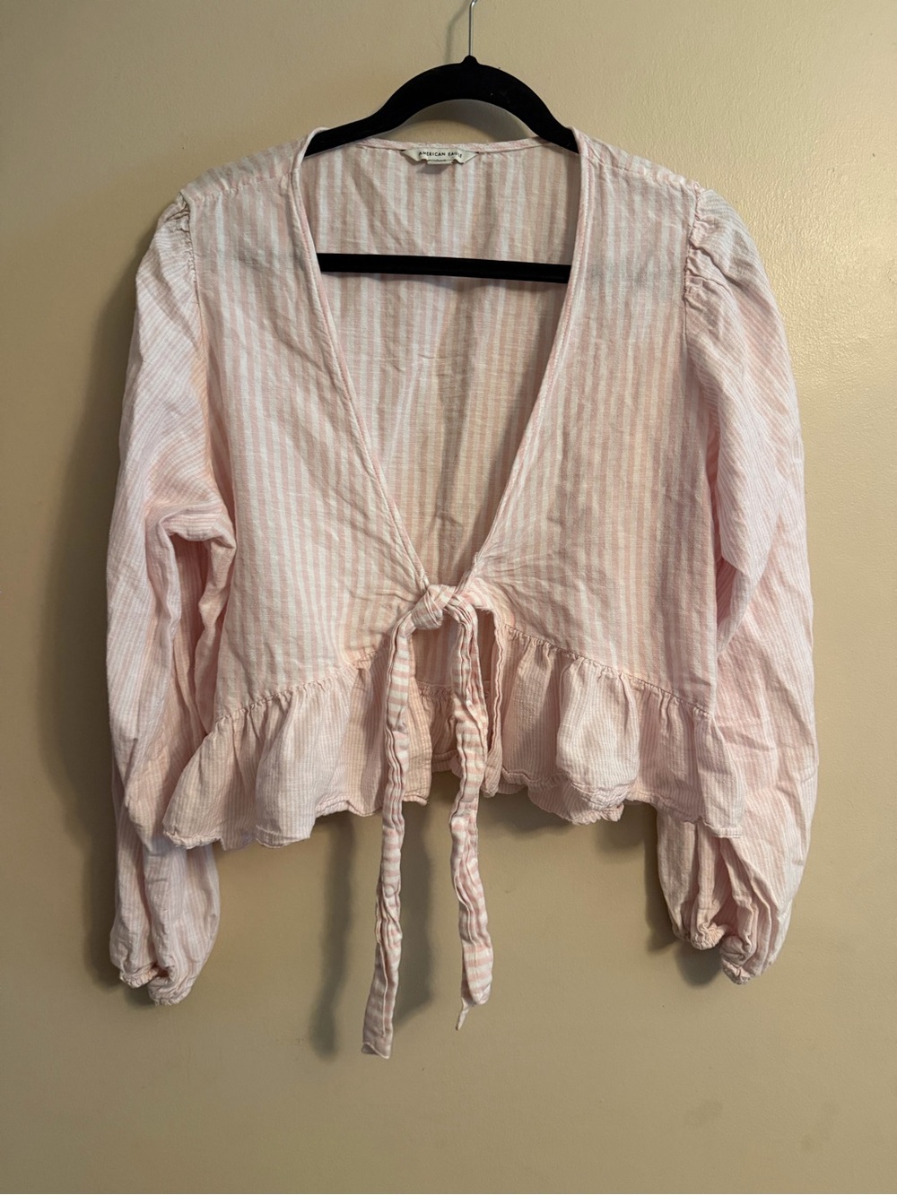 American Eagle Outfitters Pink & White Striped Tie-Front Peplum Blouse